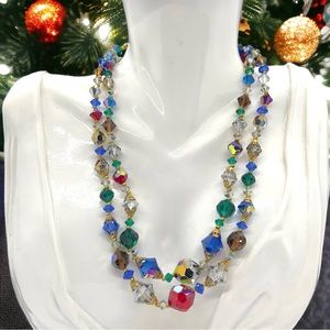 Vintage Aurora Borealis Multicolored Crystal Double Strand Necklace